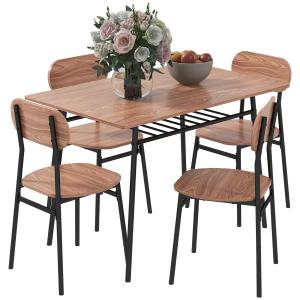 Matbordsset Matgrupp Teak Svart av Stål och Trä för Modernt Boende Köksbord med Hylla och 4 Stolar