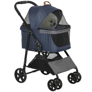 2-i-1 Hundvagn och Bärväska, Smidig Husdjursvagn med Avtagbar Korg och Hjul, Säker Transportlösning för Hund och Katt, Mörkblå/Svart, 77,5 x 51 x 99,5 cm