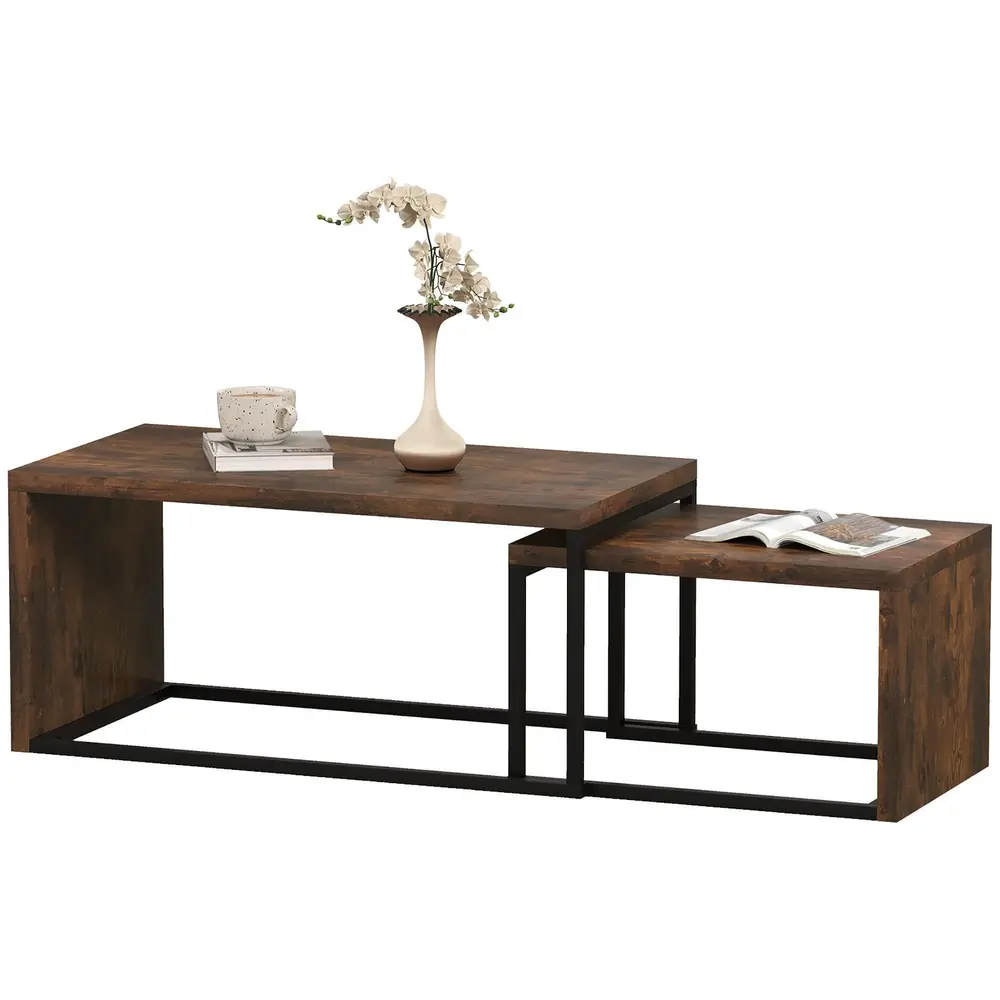 Soffbord Sidobord Set om 2 Svart Brun av Metall och Trälook