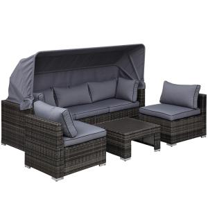 Loungeset Rotting Sittgrupp med Solskydd Trädgårdsloungegrupp Inkl. Kuddar och Sidobord Metall Grå 215 X 75 X 64 Cm