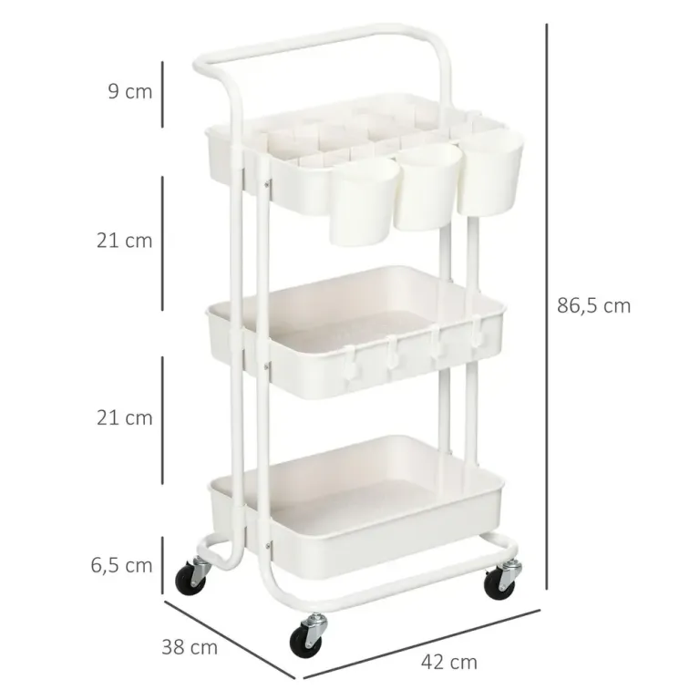 Rullvagn med 3 Korgar och Hängboxar 42 x 38 x 86 cm, Vit