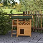 Katthus Kattvilla Natur av Massivt Trä för Utomhusbruk 2-Vånings Hus med Asfalttak och Balkong Trappa för Katter 77 x 50 x 73 cm