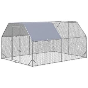 Hönshus Hönsgård Silver av Stål och Oxford Tyg för 10-12 Kycklingar Frigående Skåp med Dörr och Solskyddstak Vattenavvisande 280 x 380 x 195 cm