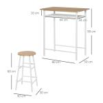 Barbordsset med 2 Barstolar, Kompakt Matgrupp med Hyllor för Kök, Modernt Högt Bord och Stolar i MDF och Stål, Vit/Ek, 80 x 50 x 90 cm