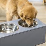 Matbar för Hund med 2 Skålar, Rostfri Foderstation i Låda, Praktisk Förvaring och Halkfri Design, Grå, 2 l
