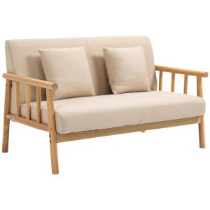 Soffa Loveseat Beige av Tyg med Linnelook och Trä för Små Rum 2-Sits Dubbelsoffa med Svankkuddar