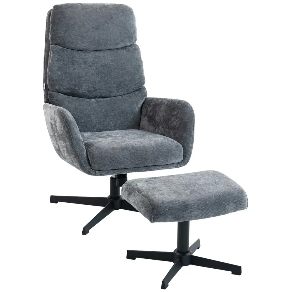 Fåtölj med Fotpall Grå Tyg och Metall Loungestol med Hög