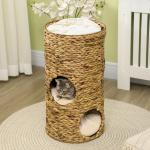 Skrapfat Katttorn Ljusbrun av Vattenhyacint och Stål för Katter med Dyna och 3 Nivåer Klösmöbel för Lek och Vila Dekorativ Design 73 cm