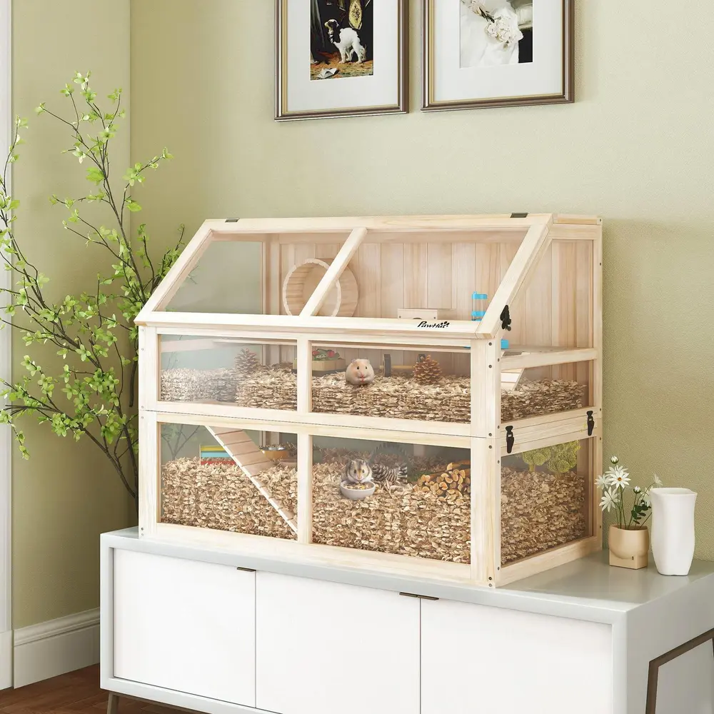 Hamsterbur av Trä 3 Nivåer Gnagarbur Smådjursbur med