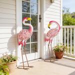 Trädgårdsfigurer Flamingo 2 Pack Röd Metall för Trädgård och Damm Dekorativa Fågelstatyer med Blomstermönster Väderbeständig Konst med Markankare