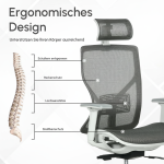 Kontorsstol, Skrivbordsstol, Snurrstol, Spelstol med Nackstöd, Svankkudde, 3D-armstöd, 3 Nivåer, 360° Svängbara Hjul, Höjdjusterbar, Ergonomisk, Meshtyg, Skum, Grå, 67 x 65 x 120–128 cm