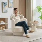 Snurrbar Stoppad Fåtölj, Modern Loungestol med Ram av Gummiträ för Vardagsrum och Sovrum, Gräddvit