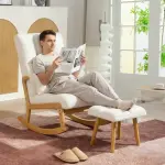 Gungstol med Fotpall, Mjukt Fleeceöverdrag, Träben, Kudde och Hög Rygg, Beige