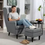 Wingback Fåtölj med Fotpall, Stoppad med Gummiträben och Tygöverdrag, Grå