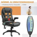Massagekontorsstol med 6-punkts Vibrationsmassage och Värmefunktion, Vridbar Gamingstol, Konstläder, Svart, 70 x 70 x 111–121 cm