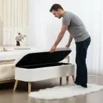 Stoppad Förvaringspall med 65 L Utrymme i Fleecetyg och Gummiträ, Gräddvit, 120x42x45 cm