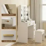Sminkbord med Spegel och Belysning Vit MDF och Trä för Sovrum Sminkset med Pall och 6 Lådor Modern Design med Hyllor och Förvaring