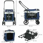 Hundbuggy upp till 10 kg, Vikbara Justerbare Bärremmar, Avtagbar Korg, Svart + Blå + Vit, 81 x 58 x 97,5 cm