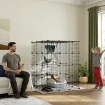 Inomhus Katthölje 4-nivå DIY med Metalltråd, Hängmatta, Rampdörrar och Hoppplattformar