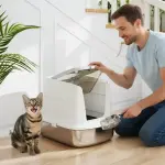 Stängd Kattsandlåda i Rostfritt Stål med Skopa, Luktpåse och Ingång/Utgång