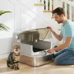 XXL Kattsandlåda i Rostfritt Stål med Gångjärnslock och Skopa för Katter upp till 12 kg