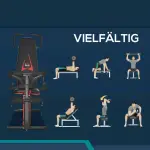 Justerbar Träningsbänk med Elastiskt Rep, Sit-up-bänk, 6 Nivåers Ryggstöd, upp till 150 kg, Stål och Konstläder, Svart + Röd, 145 x 49 x 48–127 cm