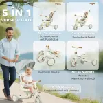 Trehjuling Cabriolet Barnvagn 5-i-1 med Körhandtag, Säkerhetsbälte och Förvaringsväska, 1-3 År, Krämvit