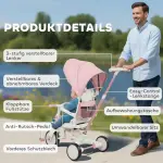 Trehjuling Cabriolet Barnvagn 5-i-1 med Körhandtag, Säkerhetsbälte och Förvaringsväska, 1-3 År, Rosa