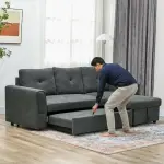 3-sits Bäddsoffa med Schäslong, Stoppad Soffa med Sängfunktion, Mörkgrå