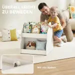 Bokhylla Barn med Hjul Vit Trä för Barnrum och Lekrum Mobil Förvaring med 2 Hyllplan och Fack Praktisk och Stabil 54 × 50 × 56 cm