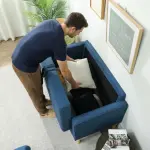 Tvåsitssoffa med Förvaringsutrymme och Knapphäftning samt Kuddar för Vardagsrum Ergonomisk och Stabil Blå Kautschukträ och Tyg 117 x 62 x 78 cm