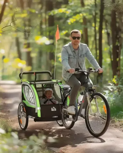 2-i-1 Cykelvagn för 2 Barn Push-Along Funktion Regnskydd