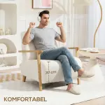 Stoppad Loungestol med Sherpa-look, Träben, Ryggstöd och Armstöd, upp till 120 kg, Krämvit