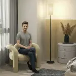 Golvlampa med Linneskärm, Metallstång och Fotkontakt, Vit