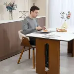 Matstol med Tyg i Linnelook, Böjt Ryggstöd och Träben, Beige