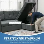 3-sits Bäddsoffa med Schäslong, Stoppad Soffa med Sängfunktion, Mörkgrå