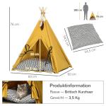 Tipi-Tält för Katt och Hund, Mysig Sovplats med Dyna och Leksak, Rolig Koja för Inomhusbruk, Gul/Natur