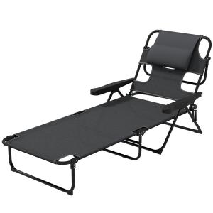 Solstol Trädgårdsstol Mörkgrå av Mesh och Metall för Trädgård och Balkong Hopfällbar med Justerbart Ryggstöd och Kudde 188 x 56 x 28 cm