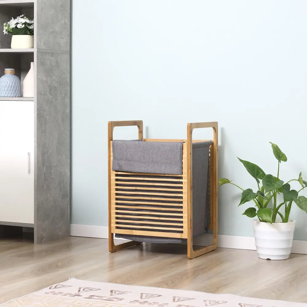 Tvättkorg i Bambu med Lock Snygg 40 x 35 x 60,5 Cm
