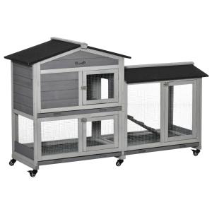 Kaninbur Hållbar Grå Trä för Smådjur i Trädgården med Två Våningar och Utegård samt Bitumentak Stabil Modell för Utomhusbruk 157,4 x 53 x 99,5 cm