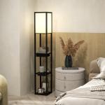 Golvlampa med 3-våningshylla, Fotkontakt och USB-portar i MDF, Svart