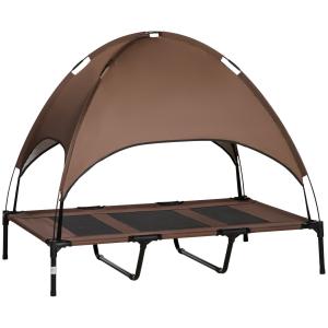 Husdjurssäng med Kapell Upphöjd Hundsäng Utomhus Andas Tafttyg Idealisk för Hundar Kaffe 122 X 92 X 108 Cm