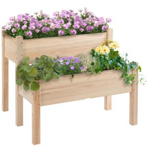 Odlingsbänk i 2 Nivåer, Upphöjd Växtbädd i Massivt Trä, Ergonomisk Odling för Balkong och Trädgård, Natur, 86 x 85 x 72 cm