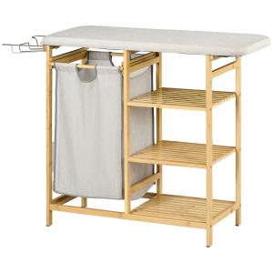 Tvättkorg med Inbyggd Strykbräda och Tvättsäck på 57 L för Badrum Hållbar och Ergonomisk Natur Bambu 113 x 34 x 82 cm