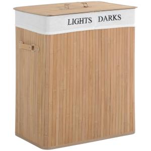 Tvättkorg Naturlig Bambu med Lock 2 Fack för Sortering Hopfällbar med Bärhandtag 100 L 52 X 32 X 63 Cm