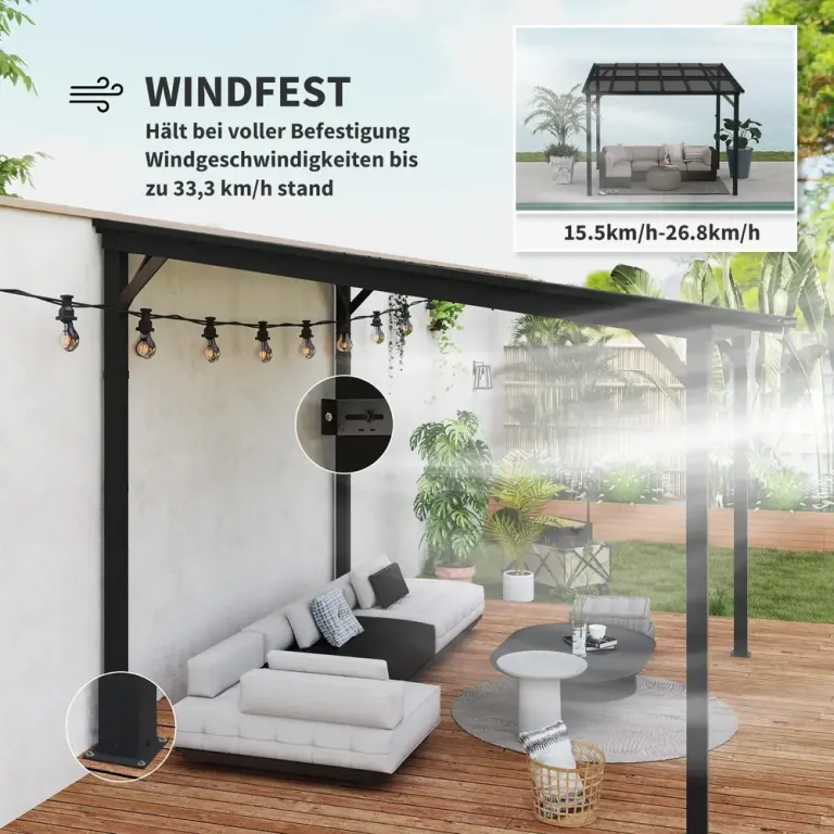 Pergola Paviljong med Väggfäste Mörkgrå av Metall 3 x 3 m