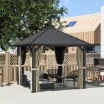 Paviljong med Metalltak och Myggnät samt Sidoväggar för Trädgård Hållbar och Vattenfast Mörkgrå Aluminium och Polyester 3 x 3 m