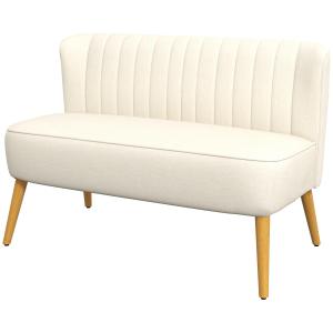 Soffa Loveseat 2-Sits Krämvit av Tyg med Linnelook och Trä för Vardagsrum Dubbelsoffa med Träben Lastkapacitet upp till 150 kg 117 x 56,5 x 77 cm