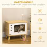 Katthus i TV-Design, Retro Kattkorg med Lekboll och Dyna, Rolig Sovplats för Katter, Ek/Beige/Vit, 50 x 28 x 43 cm