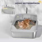 Stor Kattlåda Öppen Modell Grå Rostfritt Stål för Katter Upp till 12 kg Rymlig Toalett med Hög Kant och Spade Hygienisk Luktfri Design 70 x 50 x 30 cm